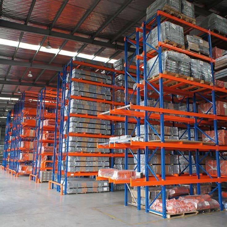 Industrial storage racks and warehouse racking in an organised storage aisle